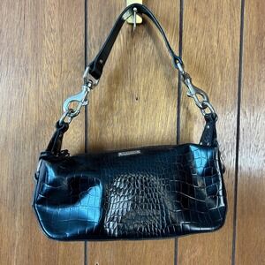 Lauren Ralph Lauren Black Embossed Croc Leather Mini y2k Baguette Bag